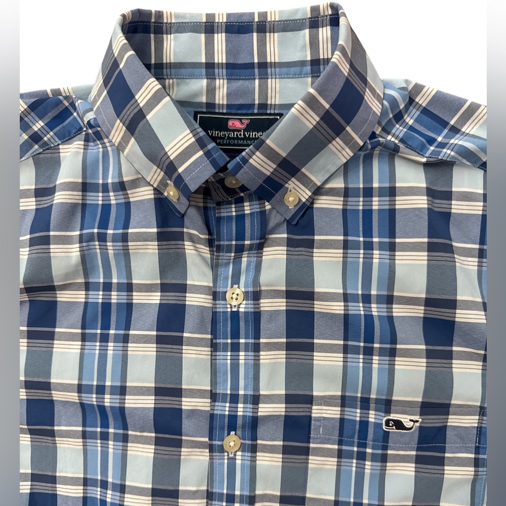 Vineyard Vines Performance Blue Plaid Classic Fit Tucker SS Shirt Size Small Men